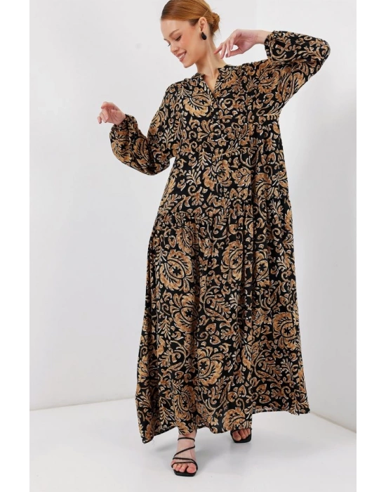 2423 Otantik Desenli Tesettür Elbise  Siyah10