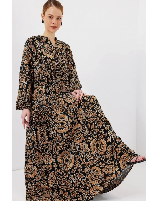2423 Otantik Desenli Tesettür Elbise  Siyah10
