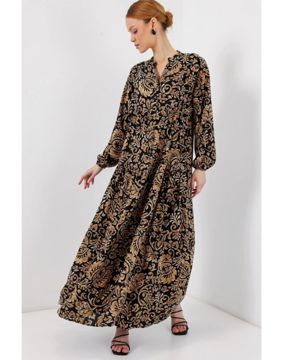 2423 Otantik Desenli Tesettür Elbise  Siyah10