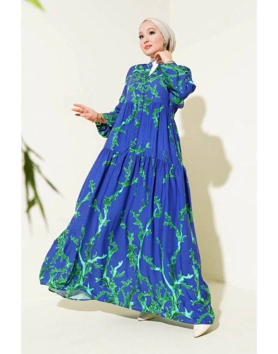 2423 Otantik Desenli Tesettür Elbise  T. Lacivert