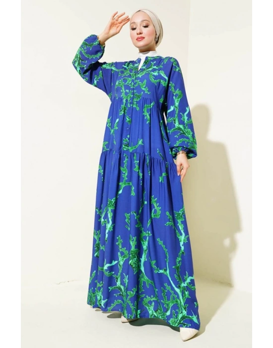 2423 Otantik Desenli Tesettür Elbise  T. Lacivert