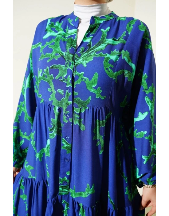 2423 Otantik Desenli Tesettür Elbise  T. Lacivert