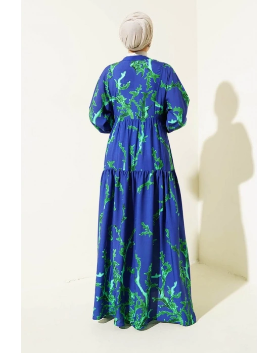 2423 Otantik Desenli Tesettür Elbise  T. Lacivert