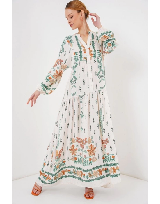 2423 Otantik Desenli Tesettür Elbise  Yeşil 10