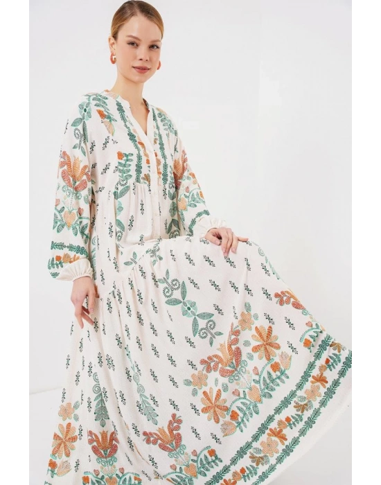 2423 Otantik Desenli Tesettür Elbise  Yeşil 10