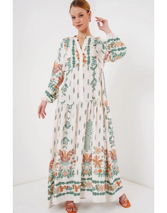 2423 Otantik Desenli Tesettür Elbise  Yeşil 10