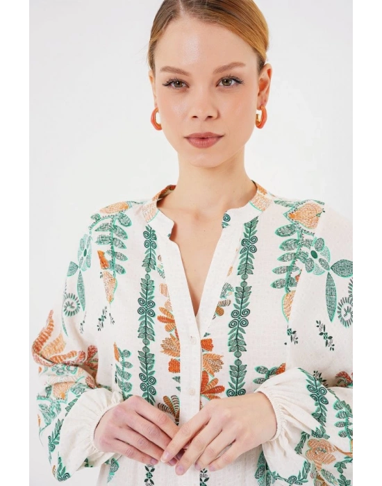 2423 Otantik Desenli Tesettür Elbise  Yeşil 10