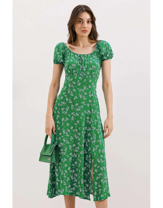 2427 Yırtmaçlı Çiçekli Viskon Elbise  Yeşil