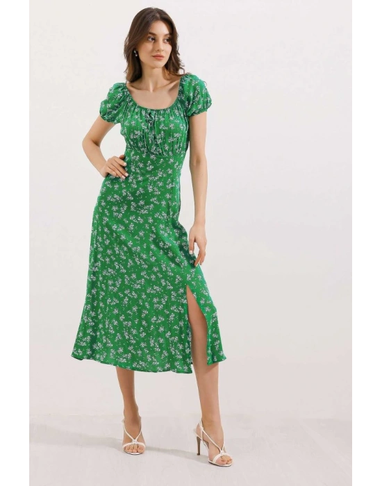 2427 Yırtmaçlı Çiçekli Viskon Elbise  Yeşil