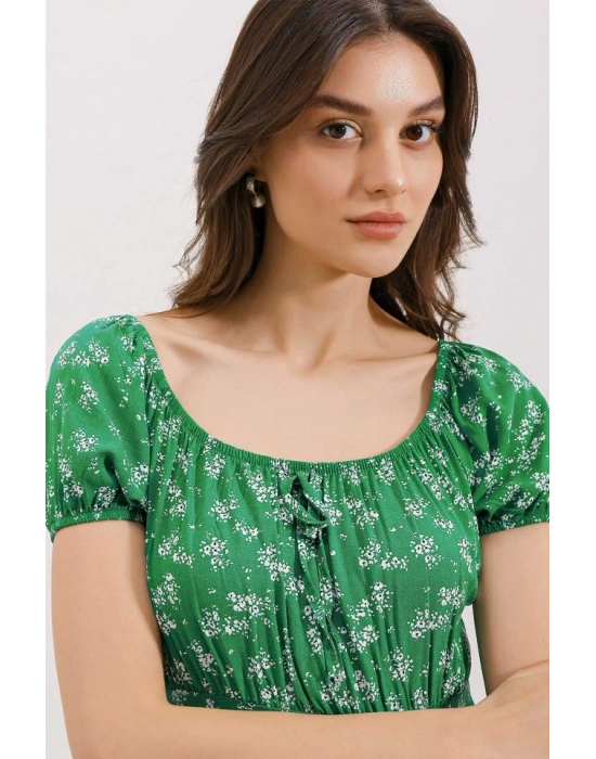 2427 Yırtmaçlı Çiçekli Viskon Elbise  Yeşil