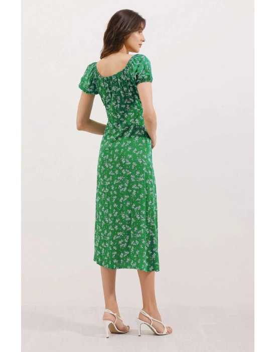 2427 Yırtmaçlı Çiçekli Viskon Elbise  Yeşil