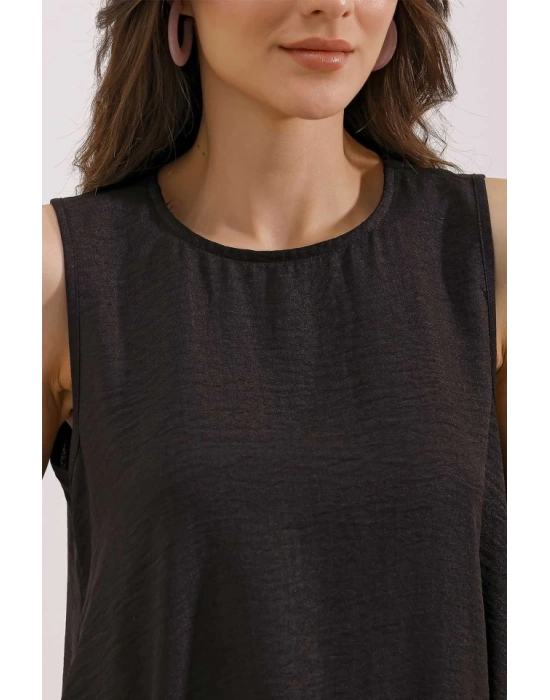 2444 Detaylı Mini Keten Elbise  Siyah