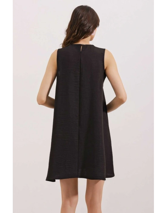2444 Detaylı Mini Keten Elbise  Siyah