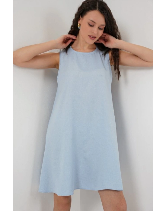 2444 Mini Keten Elbise  Açık Mavi