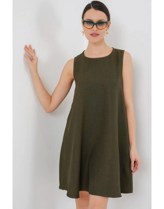 2444 Mini Keten Elbise  Haki