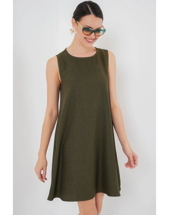 2444 Mini Keten Elbise  Haki