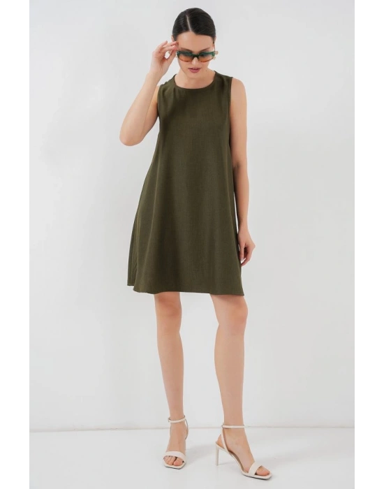 2444 Mini Keten Elbise  Haki
