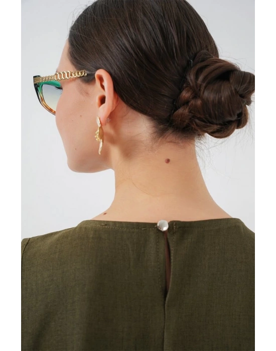 2444 Mini Keten Elbise  Haki