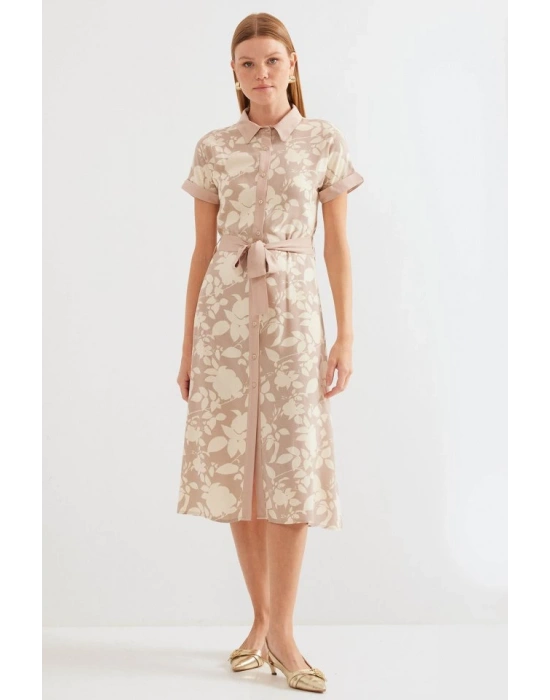 2455 Desenli Gömlek Elbise  Bej