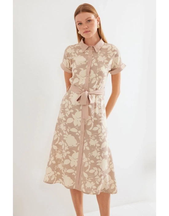 2455 Desenli Gömlek Elbise  Bej