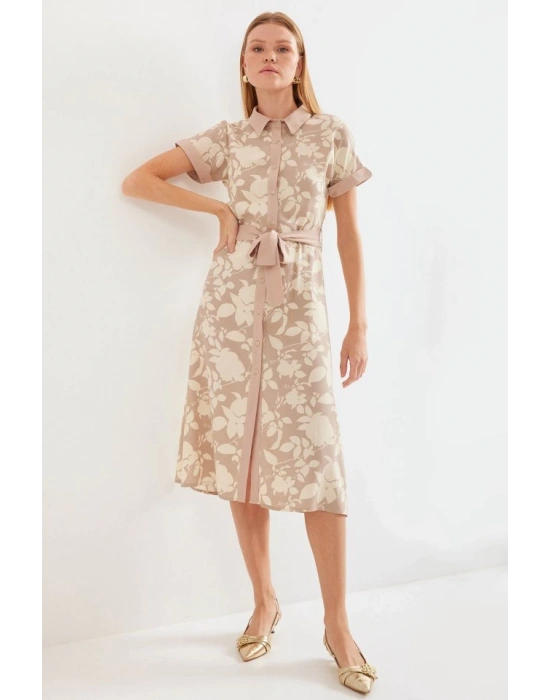 2455 Desenli Gömlek Elbise  Bej