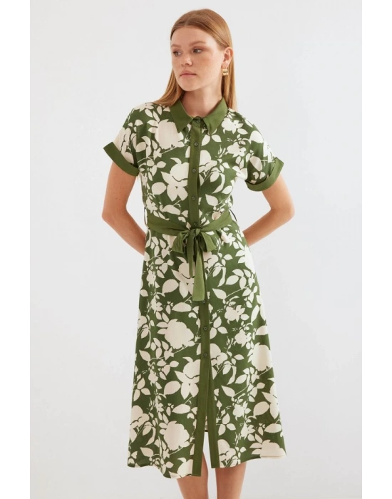2455 Desenli Gömlek Elbise  Haki