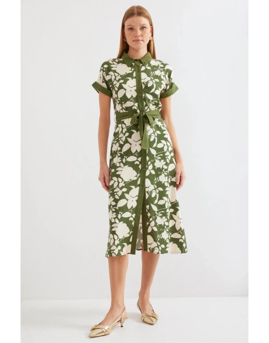 2455 Desenli Gömlek Elbise  Haki