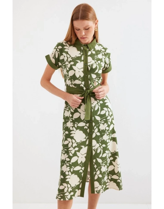 2455 Desenli Gömlek Elbise  Haki