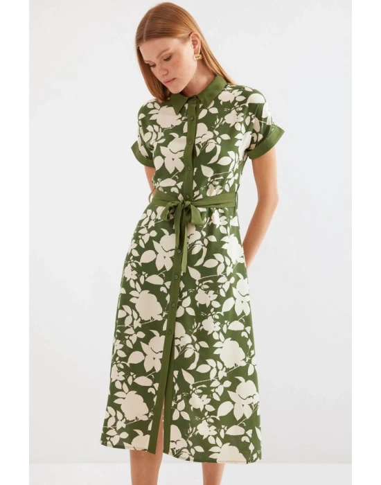 2455 Desenli Gömlek Elbise  Haki