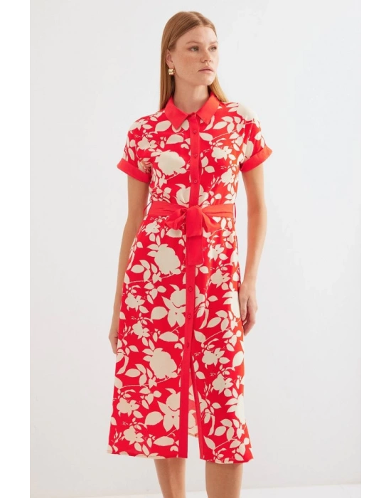 2455 Desenli Gömlek Elbise  Kırmızı