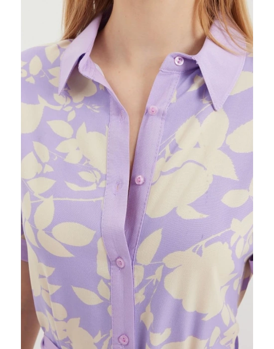 2455 Desenli Gömlek Elbise  Lila