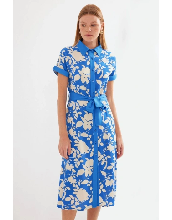 2455 Desenli Gömlek Elbise  Mavi