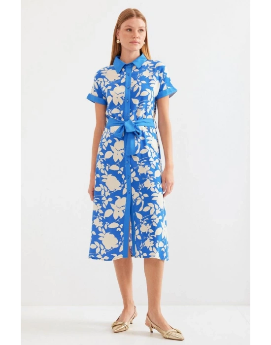 2455 Desenli Gömlek Elbise  Mavi