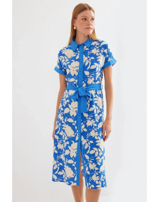 2455 Desenli Gömlek Elbise  Mavi