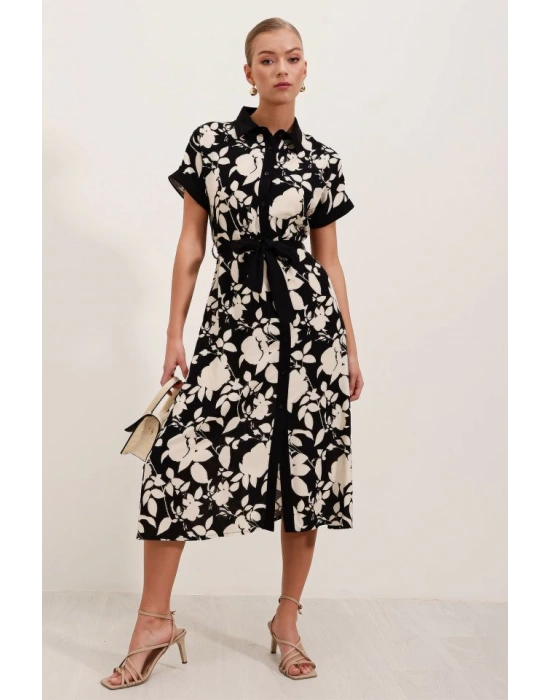 2455 Desenli Gömlek Elbise  Siyah