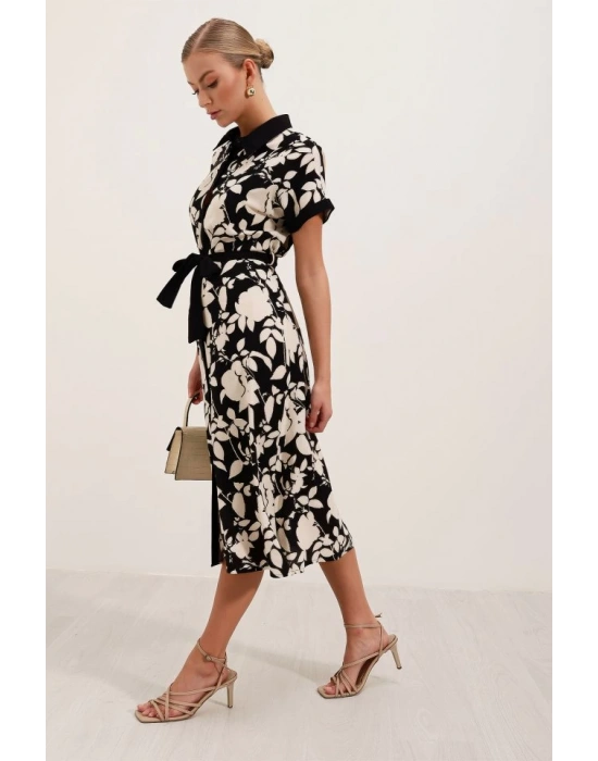 2455 Desenli Gömlek Elbise  Siyah