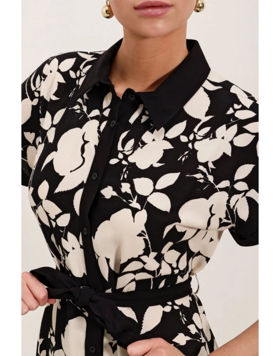 2455 Desenli Gömlek Elbise  Siyah