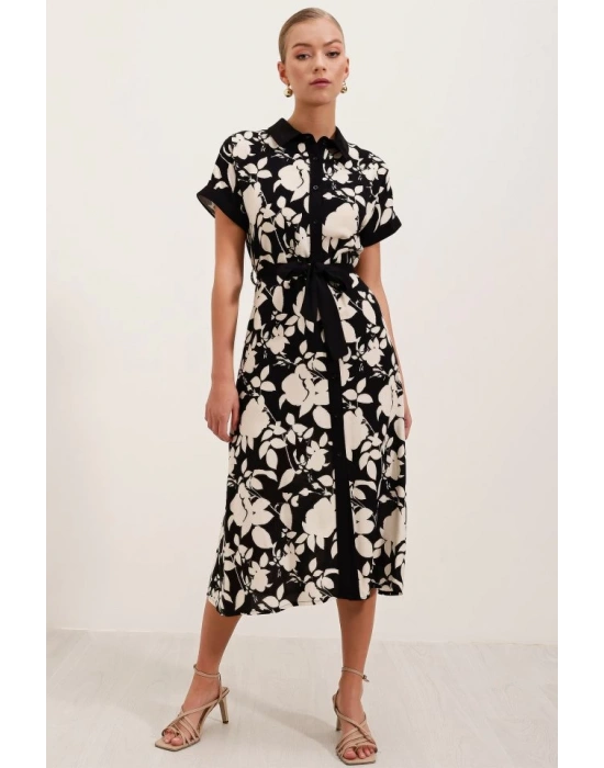 2455 Desenli Gömlek Elbise  Siyah