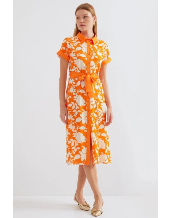 2455 Desenli Gömlek Elbise  Turuncu