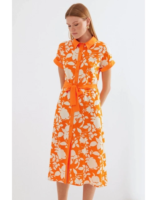 2455 Desenli Gömlek Elbise  Turuncu
