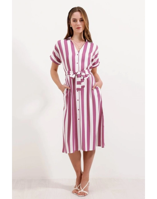 2456 Çizgili Gömlek Elbise  Gül Kurusu
