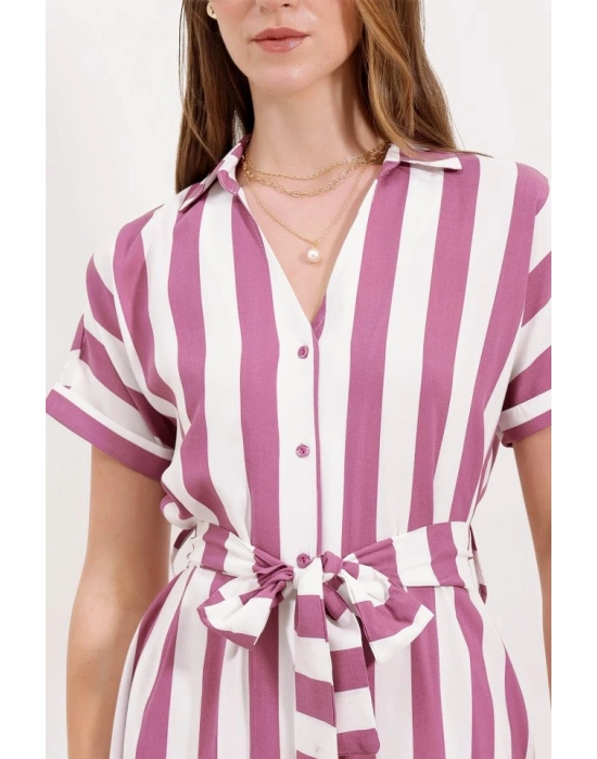 2456 Çizgili Gömlek Elbise  Gül Kurusu