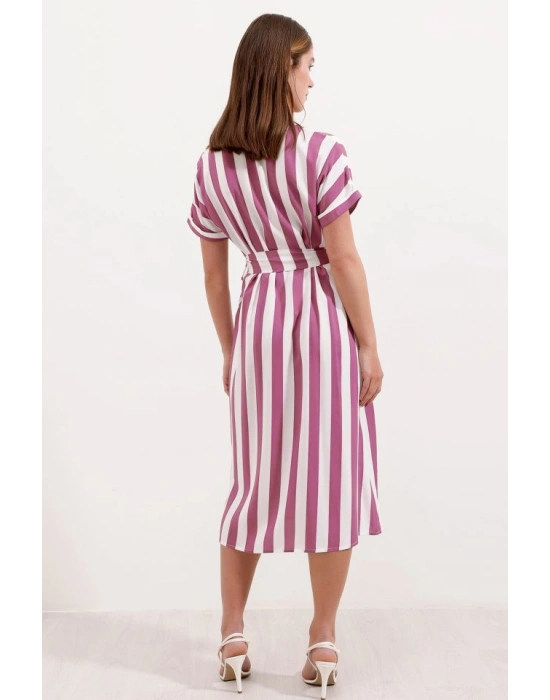 2456 Çizgili Gömlek Elbise  Gül Kurusu