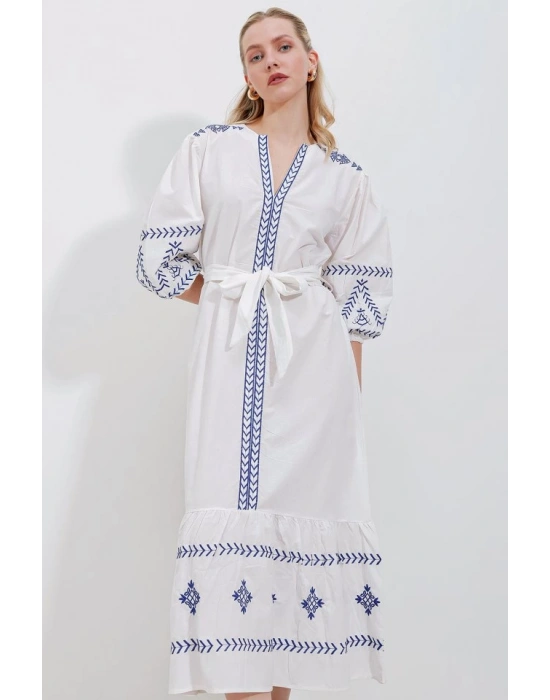 2479 Desenli Keten Elbise  Beyaz