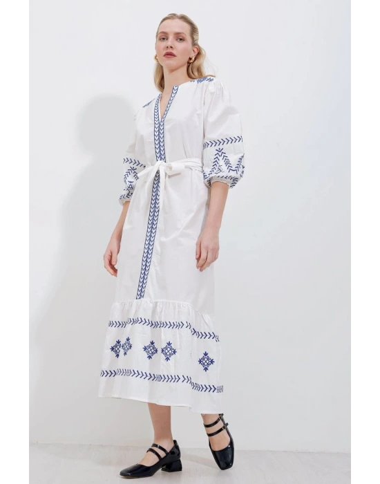 2479 Desenli Keten Elbise  Beyaz