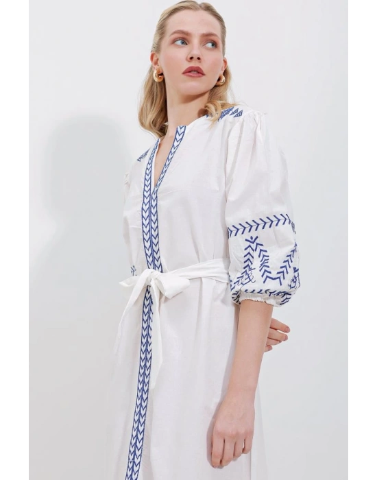 2479 Desenli Keten Elbise  Beyaz