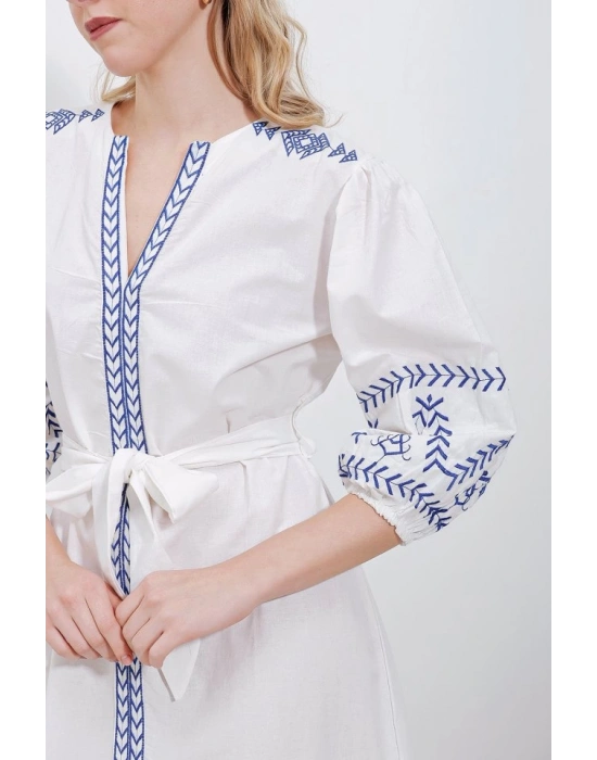 2479 Desenli Keten Elbise  Beyaz