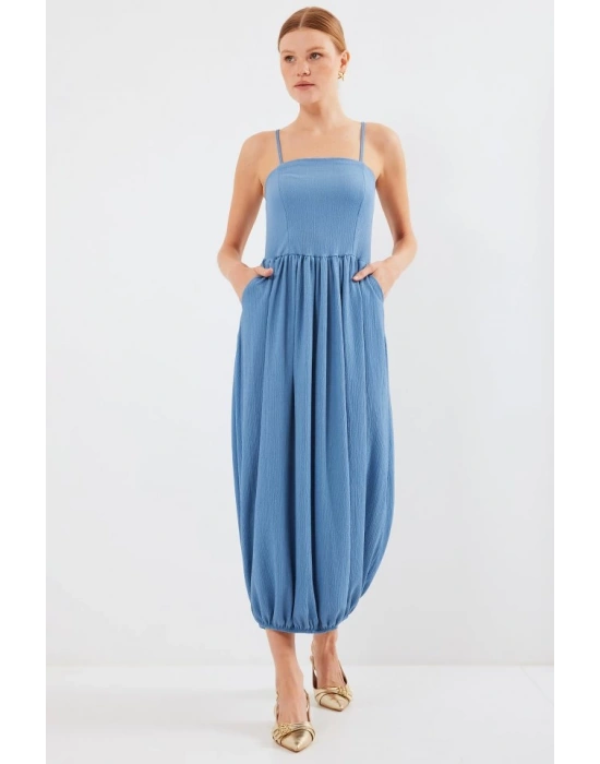 2492 Askılı Örme Salopet Elbise  İndigo