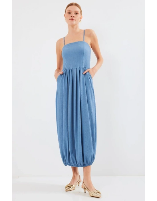 2492 Askılı Örme Salopet Elbise  İndigo