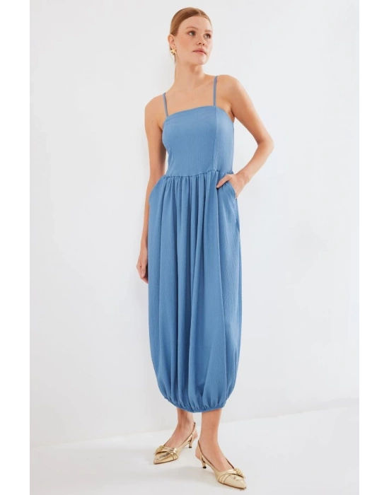 2492 Askılı Örme Salopet Elbise  İndigo